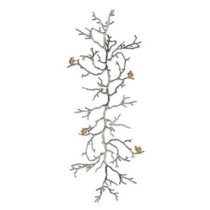 44" Silver And Gold Aluminum Branches And Birds Hanging Dimensional Sculpture