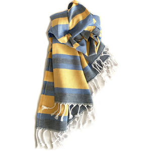 Denim Blue and Yellow Striped Turkish Towel Beach Blanket