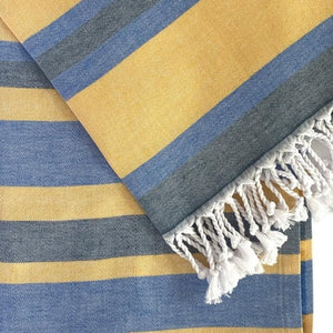 Denim Blue and Yellow Striped Turkish Towel Beach Blanket