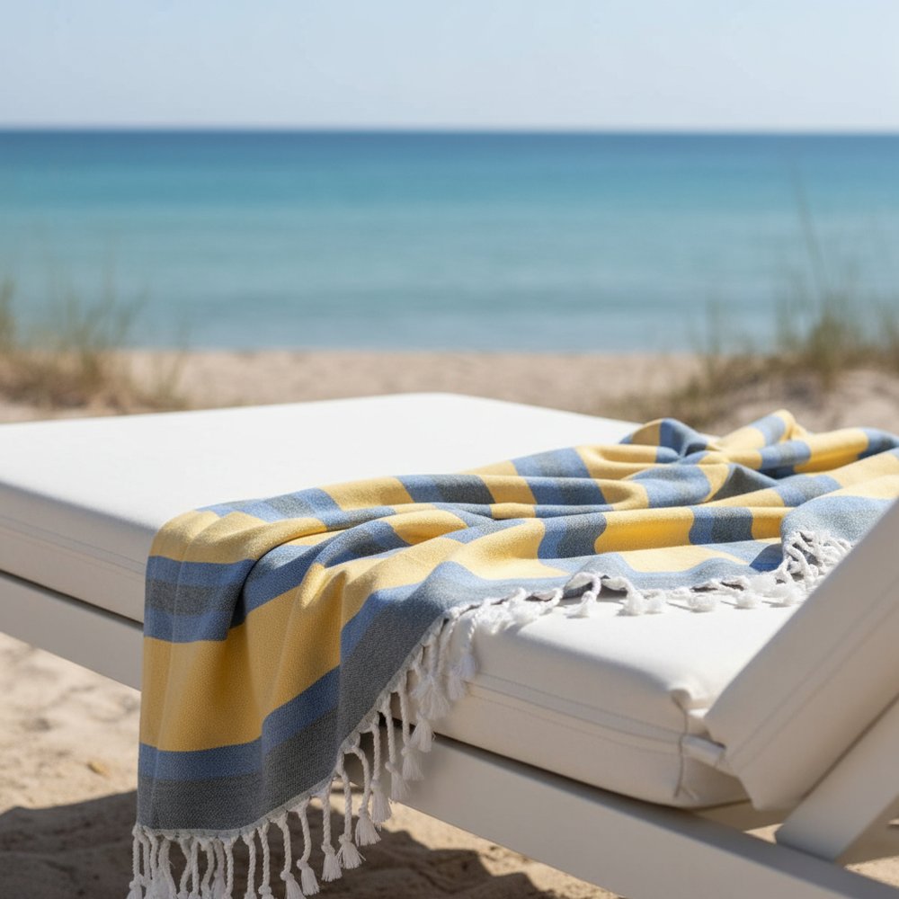 Denim Blue and Yellow Striped Turkish Towel Beach Blanket