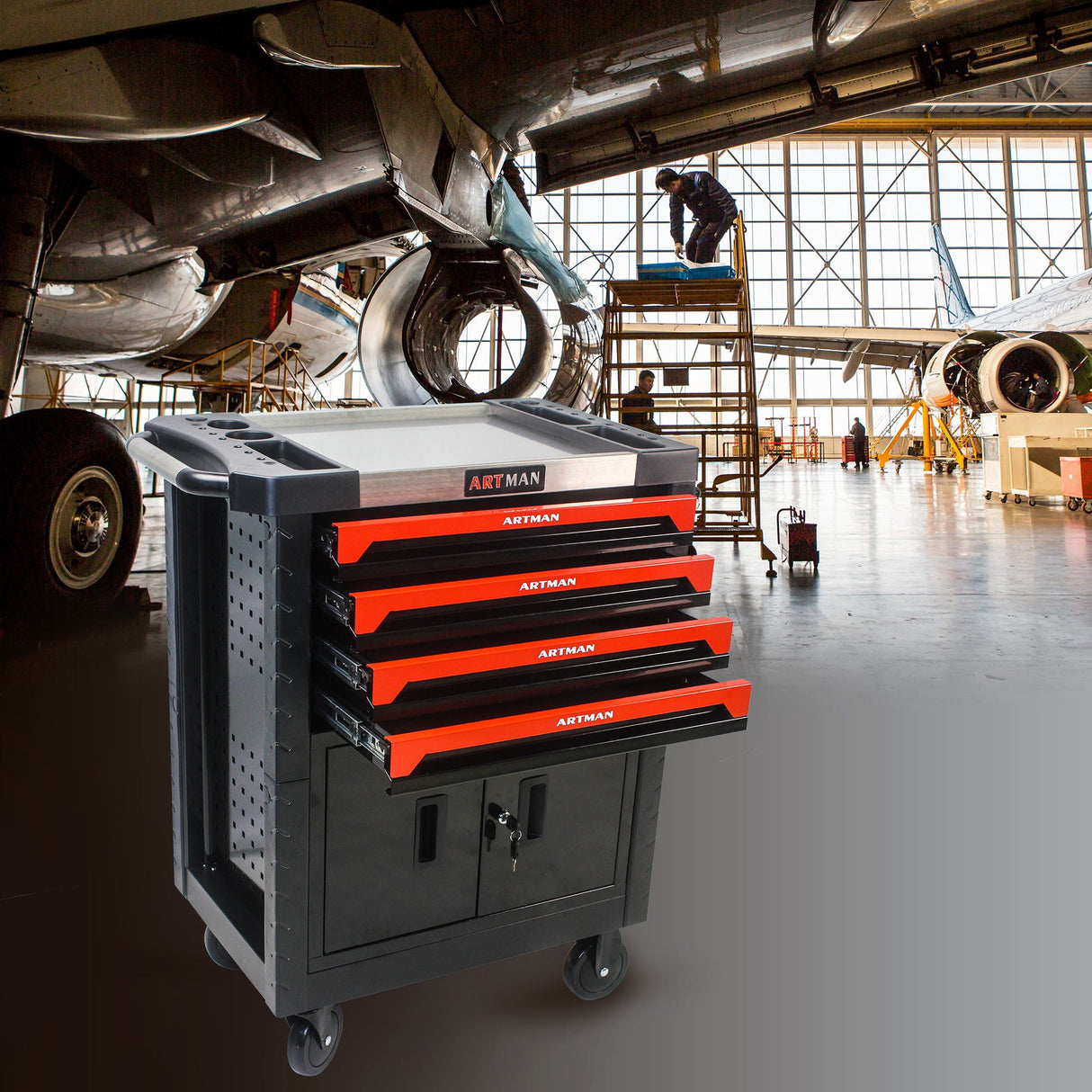 Removable 4 Drawer Metal Tool Cart With Lock - Black / Red by Couch.com