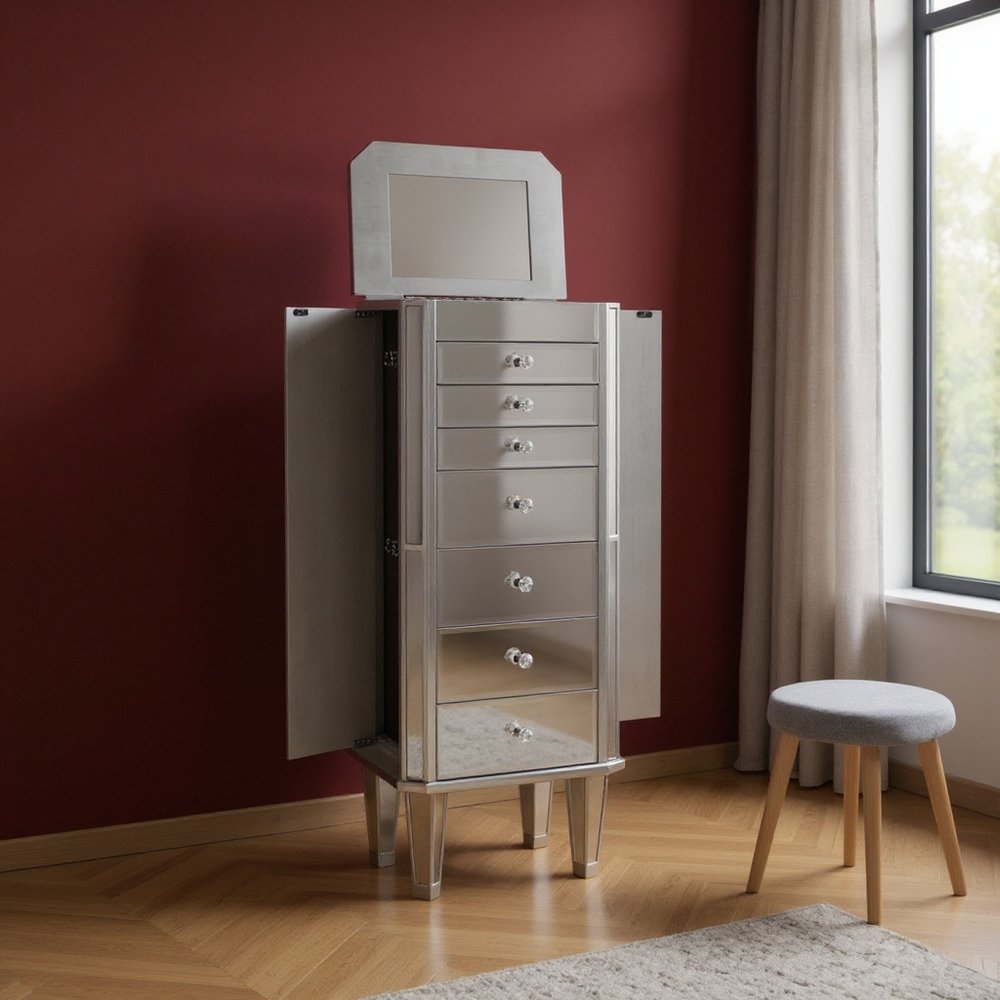 18" Silver Mirrored Writing Desk With Seven Drawers