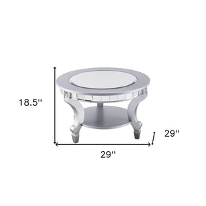 29" Silver Mirrored And Metal Round Mirrored Coffee Table