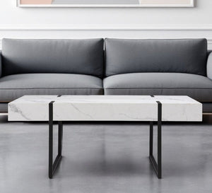 43" White And Black Faux Marble And Metal With Iron Coffee Table