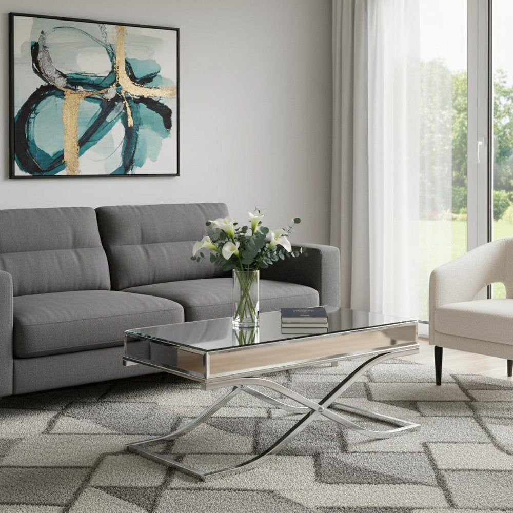 42" Silver Mirrored And Metal Rectangular Mirrored Coffee Table