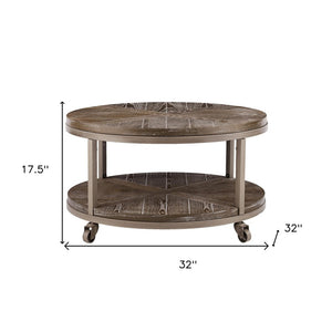 32" Brown Wood And Iron With Iron Round Distressed Coffee Table
