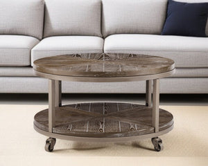 32" Brown Wood And Iron With Iron Round Distressed Coffee Table