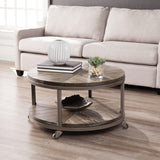 32" Brown Wood And Iron With Iron Round Distressed Coffee Table