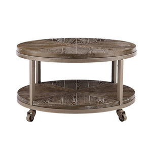 32" Brown Wood And Iron With Iron Round Distressed Coffee Table