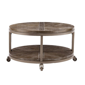 32" Brown Wood And Iron With Iron Round Distressed Coffee Table