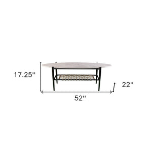 52" Black and White Metal and Faux Marble Boho Rope Oval Coffee Table