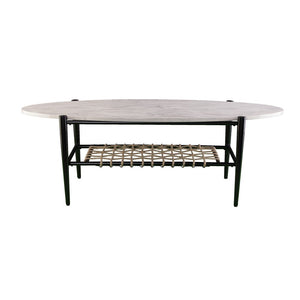 52" Black and White Metal and Faux Marble Boho Rope Oval Coffee Table