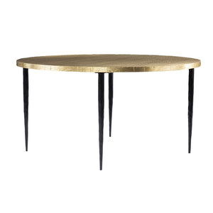 34" Black And Gold Embossed Metal Round Coffee Table