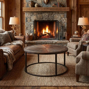 36" Natural And Brown Reclaimed Wood And Metal Round Coffee Table
