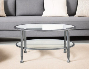 36" Silver Glass And Metal Round Coffee Table