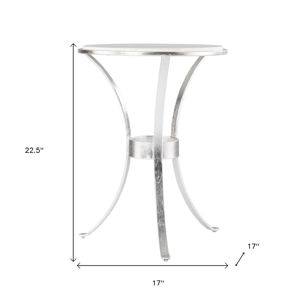 23" Silver And White Marble Curvy Leg Round End Table