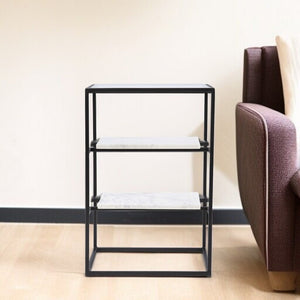 24" Black Glass and Marble Rectangular End Table With Two Shelves