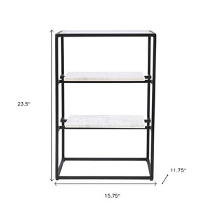 24" Black Glass and Marble Rectangular End Table With Two Shelves