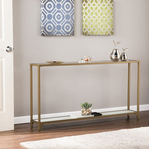 56" Clear and Gold Glass Mirrored Frame Console Table With Shelves