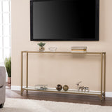 56" Clear and Gold Glass Mirrored Frame Console Table With Shelves