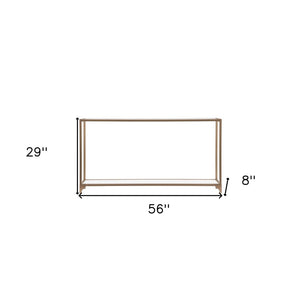56" Clear and Gold Glass Mirrored Frame Console Table With Shelves
