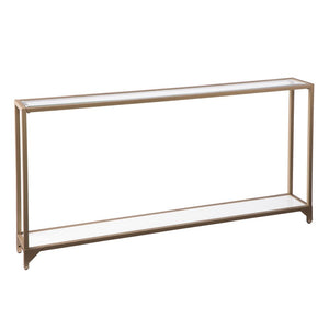 56" Clear and Gold Glass Mirrored Frame Console Table With Shelves