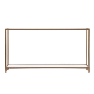 56" Clear and Gold Glass Mirrored Frame Console Table With Shelves