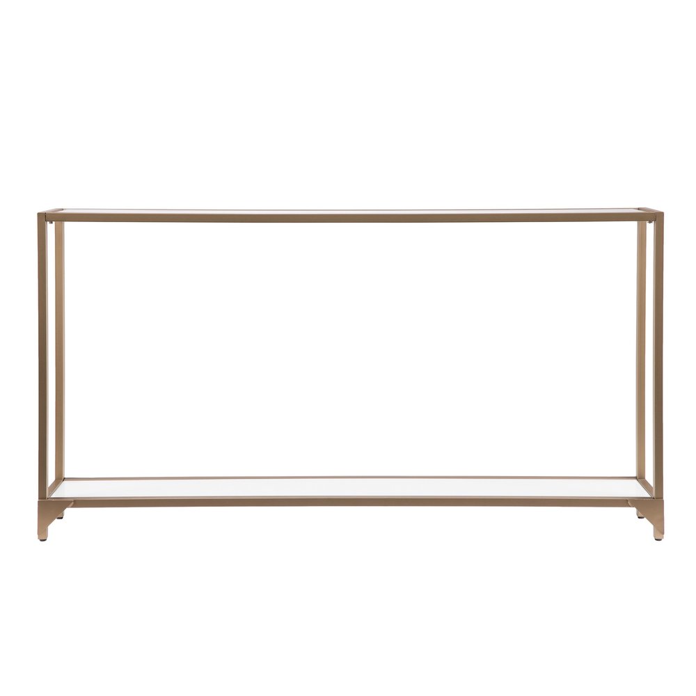 56" Clear and Gold Glass Mirrored Frame Console Table With Shelves