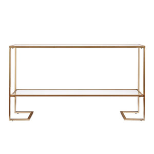 52" Clear and Gold Mirrored Glass and Metal Sled Console Table With Shelf