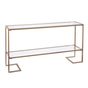 52" Clear and Gold Glass Mirrored Sled Console Table With Shelves