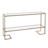 52" Clear and Gold Glass Mirrored Sled Console Table With Shelves