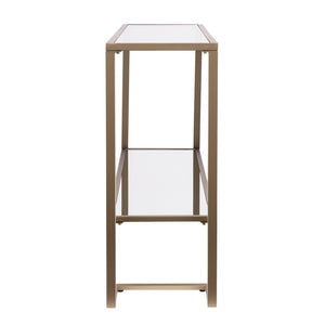 52" Clear and Gold Glass Mirrored Sled Console Table With Shelves