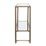 52" Clear and Gold Glass Mirrored Sled Console Table With Shelves