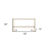 52" Clear and Gold Glass Mirrored Sled Console Table With Shelves