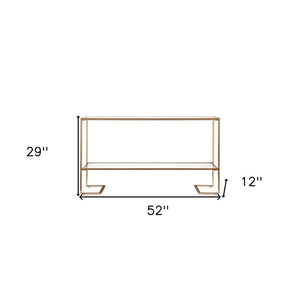 52" Clear and Gold Glass Mirrored Sled Console Table With Shelves