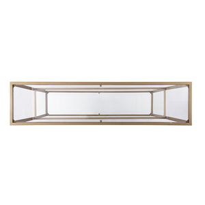 52" Clear and Gold Mirrored Glass and Metal Sled Console Table With Shelf