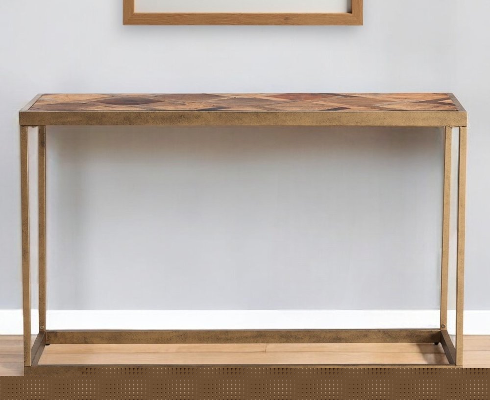 48" Natural and Brass Reclaimed Wood Frame Console Table