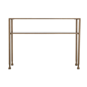 43" Clear and Gold Glass Console Table With Shelves