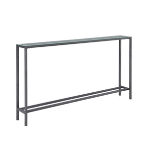56" Silver and Gunmetal Mirrored Glass and Metal Console Table