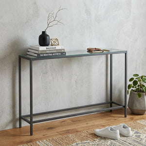 56" Silver and Gunmetal Mirrored Glass and Metal Console Table