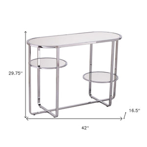 42" Silver Mirrored Glass and Iron Oval Cross Leg Console Table With Two Shelves
