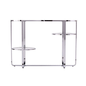 42" Silver Mirrored Glass and Iron Oval Cross Leg Console Table With Two Shelves