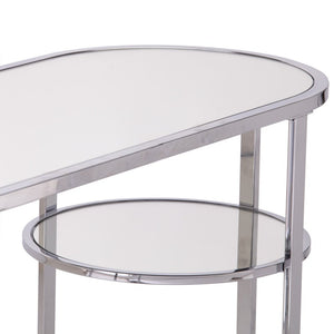 42" Silver Mirrored Glass and Iron Oval Cross Leg Console Table With Two Shelves