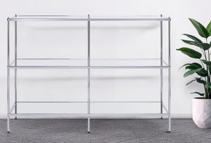 42" Clear and Silver Glass Mirrored Frame Console Table With Shelves