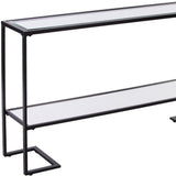 52" Clear and Black Glass Mirrored Sled Console Table With Shelves