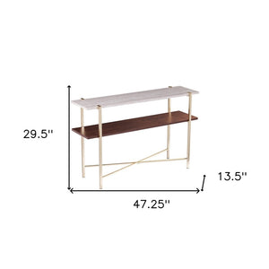 47" White Brass and Brown Faux Marble Console Table With Shelf