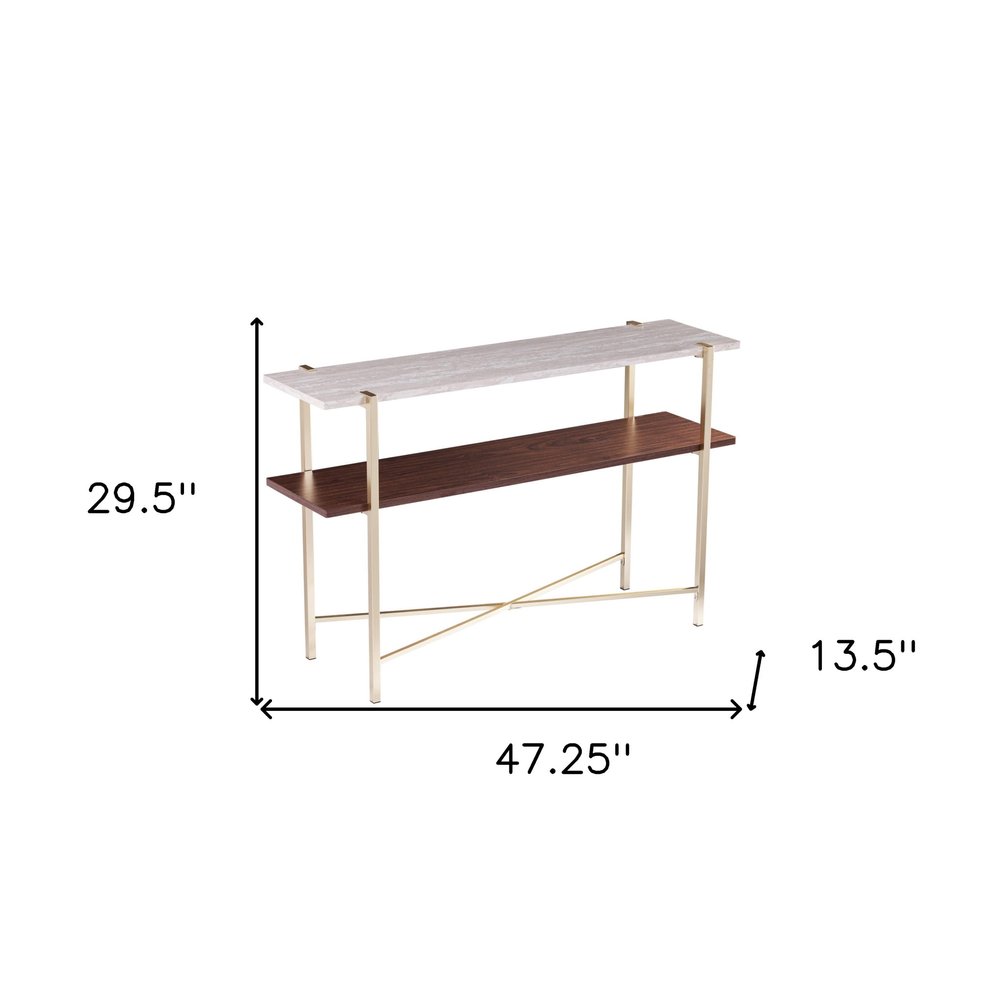 47" White Brass and Brown Faux Marble Console Table With Shelf