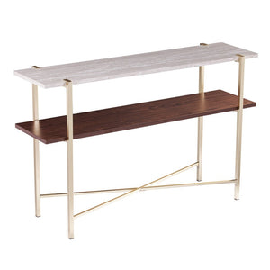 47" White Brass and Brown Faux Marble Console Table With Shelf