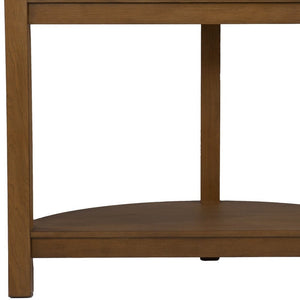 42" White and Natural Faux Marble Half Circle Three Leg Console Table With Shelves