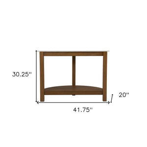 42" White and Natural Faux Marble Half Circle Three Leg Console Table With Shelves